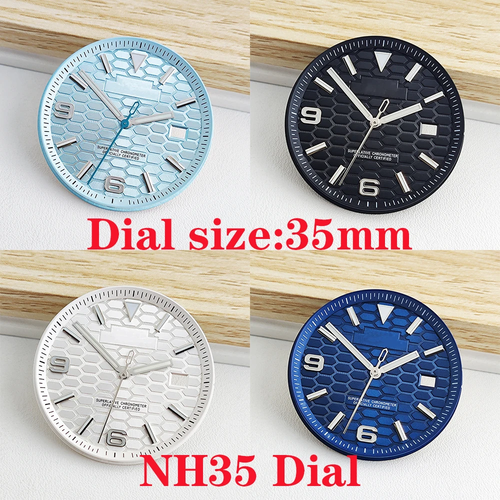 NH35 Dial 35mm Case Honeycomb Land Watch Blue Luminous Dial, Suitable for NH35 Automatic Movement Lumens Case Strap Module Part