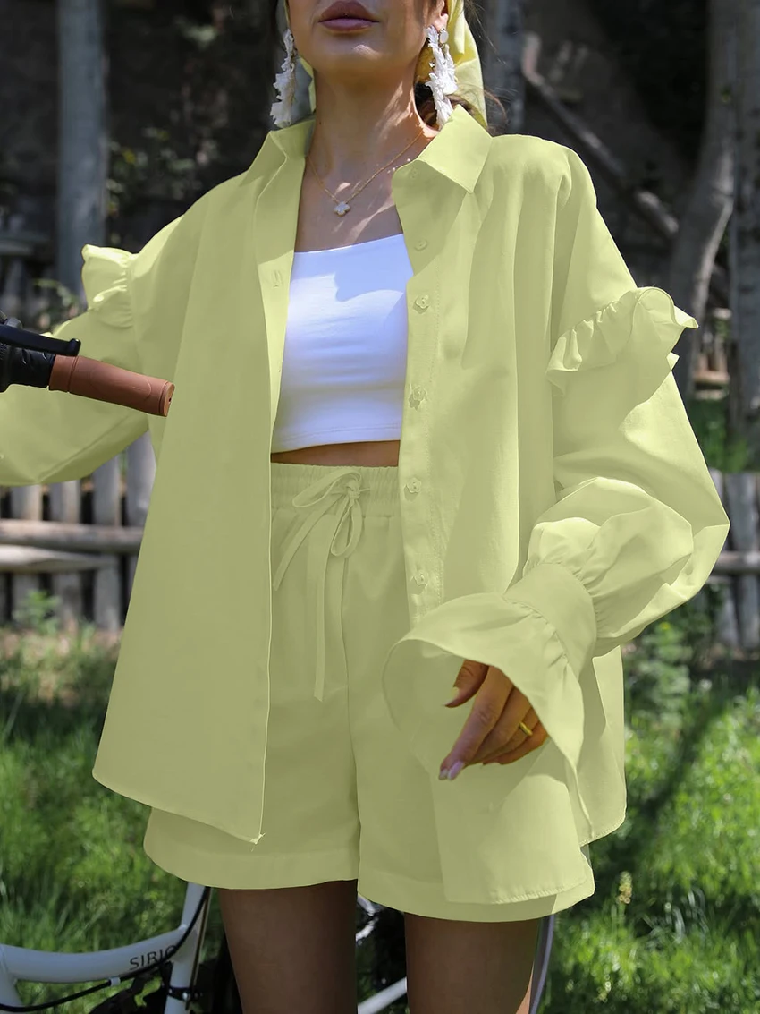 Marthaqiqi Loose Cotton Female Pajamas Suit Long Sleeve Nightgowns Turn-Down Collar Nightwear Shorts Casual Women Sleepwear Sets