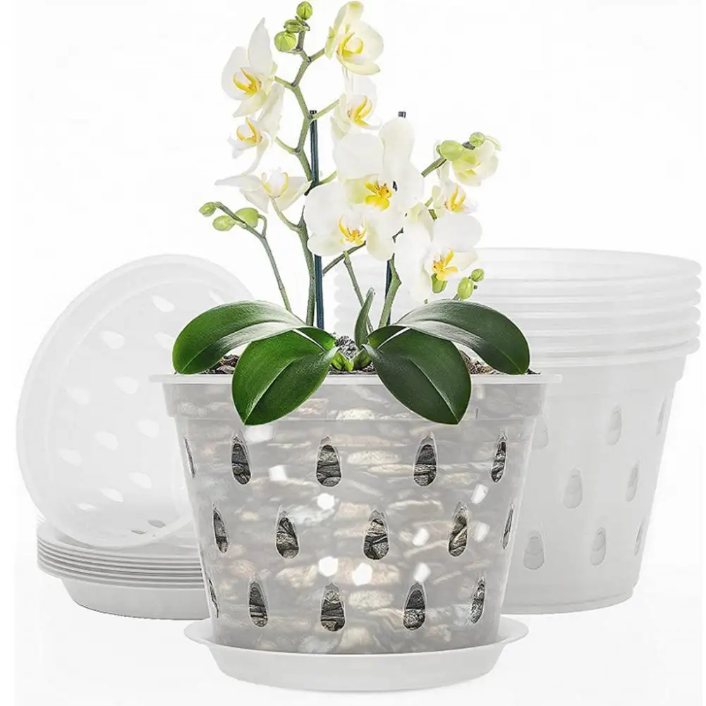 Flower Planters Flowerpots Transparent Orchid Pots with Side Holes Trays Reusable Plastic Planters for Flowers Wide Usage