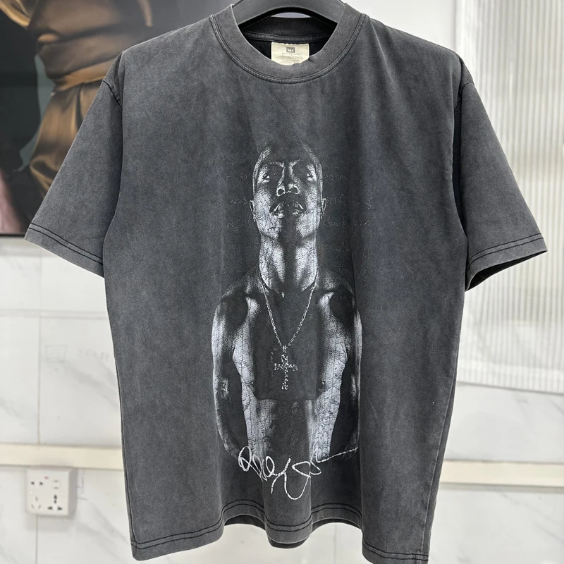 24ss New Washed Do Old Tupac Top Tee High Quality Men's Women's Fashion Loose T-shirt Portrait Digital Print 2PAC Short Sleeve