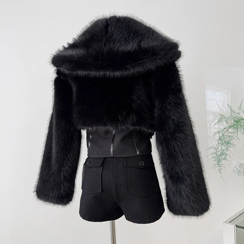 デザイナーショートフェイクファーレディースフィッシュボーンコートジップアップ長袖女性用ブラックアウター2025秋冬ファッションレディースストリートウェア