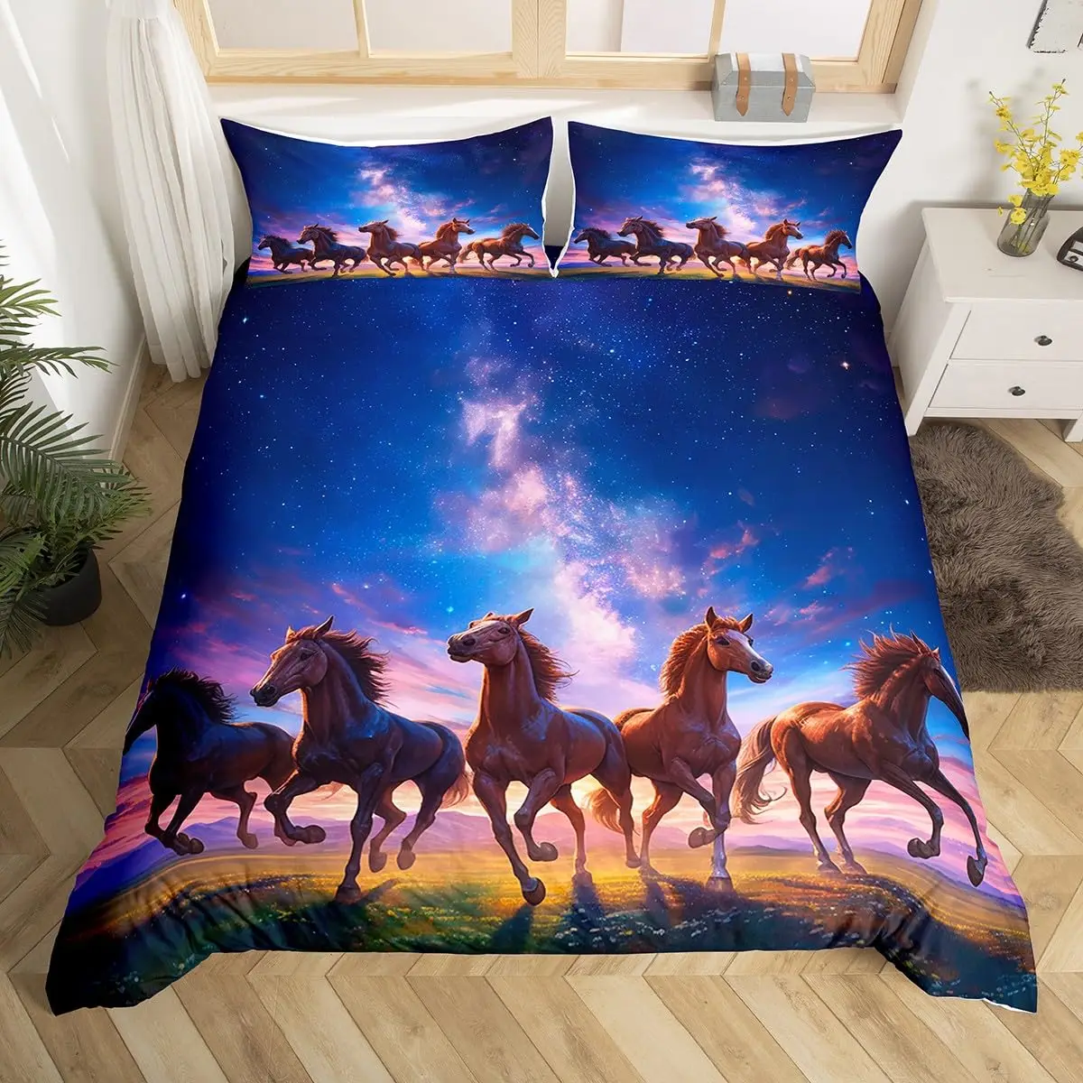 Kids Horse Bedding Set Twin Size,Galloping Horse Comforter Cover Boys Girls Wild Animal Duvet Cover Galaxy Print Bedspread Cover