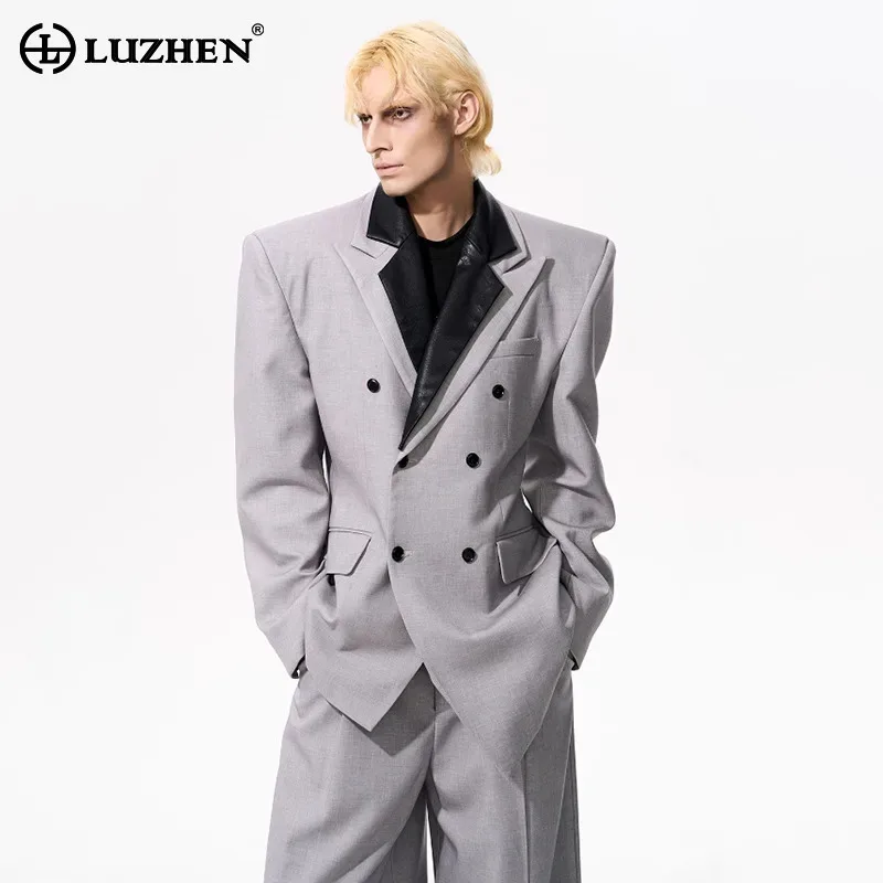 

LUZHEN Роскошная социальная одежда, мужская мода, дизайн со съемным кожаным воротником, пиджак, пальто, мужская двубортная куртка 2025 года, JY4350