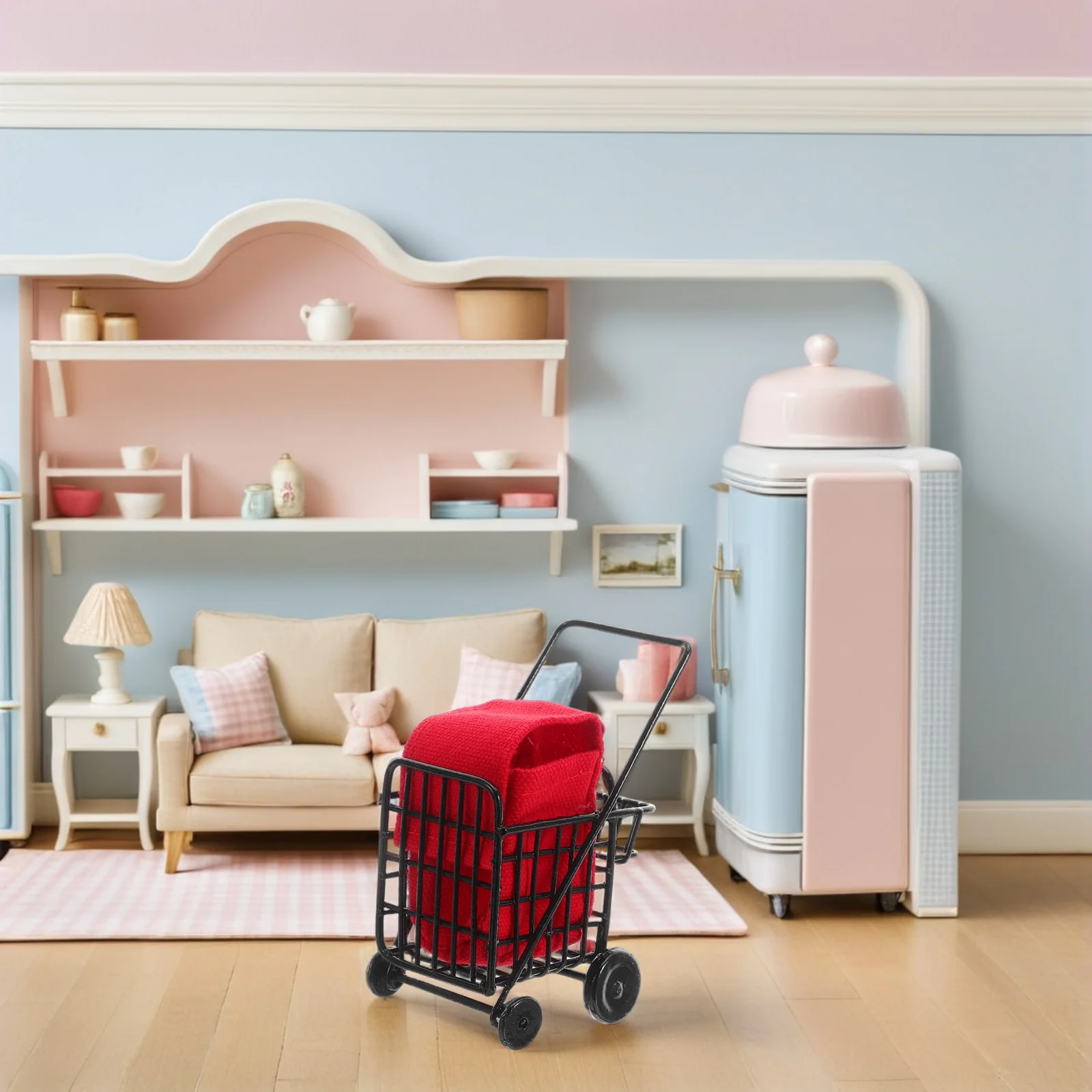 미니어처 블랙 메탈 쇼핑 카트 1:12 스케일 컴팩트 견고한 슈퍼마켓 식료품 핸드카트 인형집 주방 액세서리용