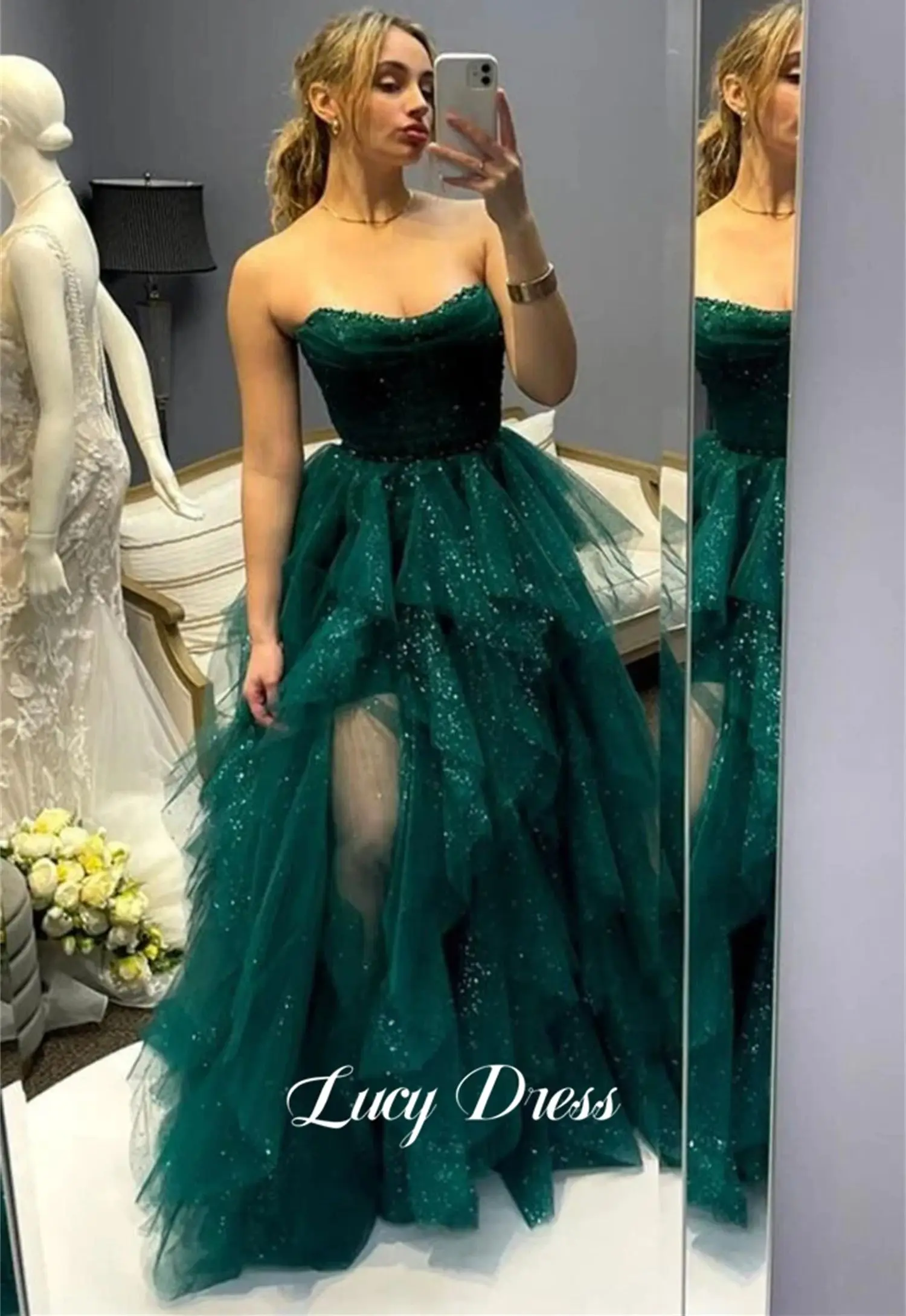 Lucy Afstudeerjurk Groene Bal Glanzend Mesh Gelaagd Split Luxe Turkse Avondjurken Gala Jurk Vrouwen Elegant Feest Prom