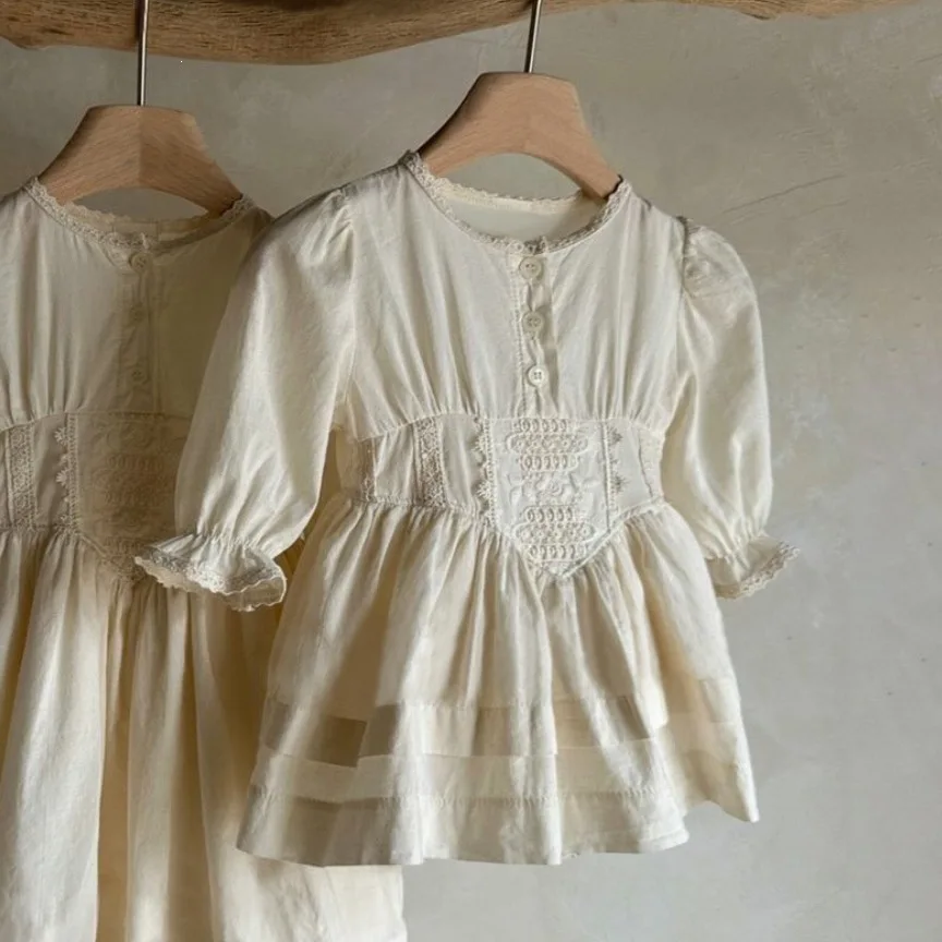2026 Autumn New Baby Girl Long Sleeve Princess Dress Cotton Girls Sweet Lace Court Style Dress Solid Infant Toddler Clothes