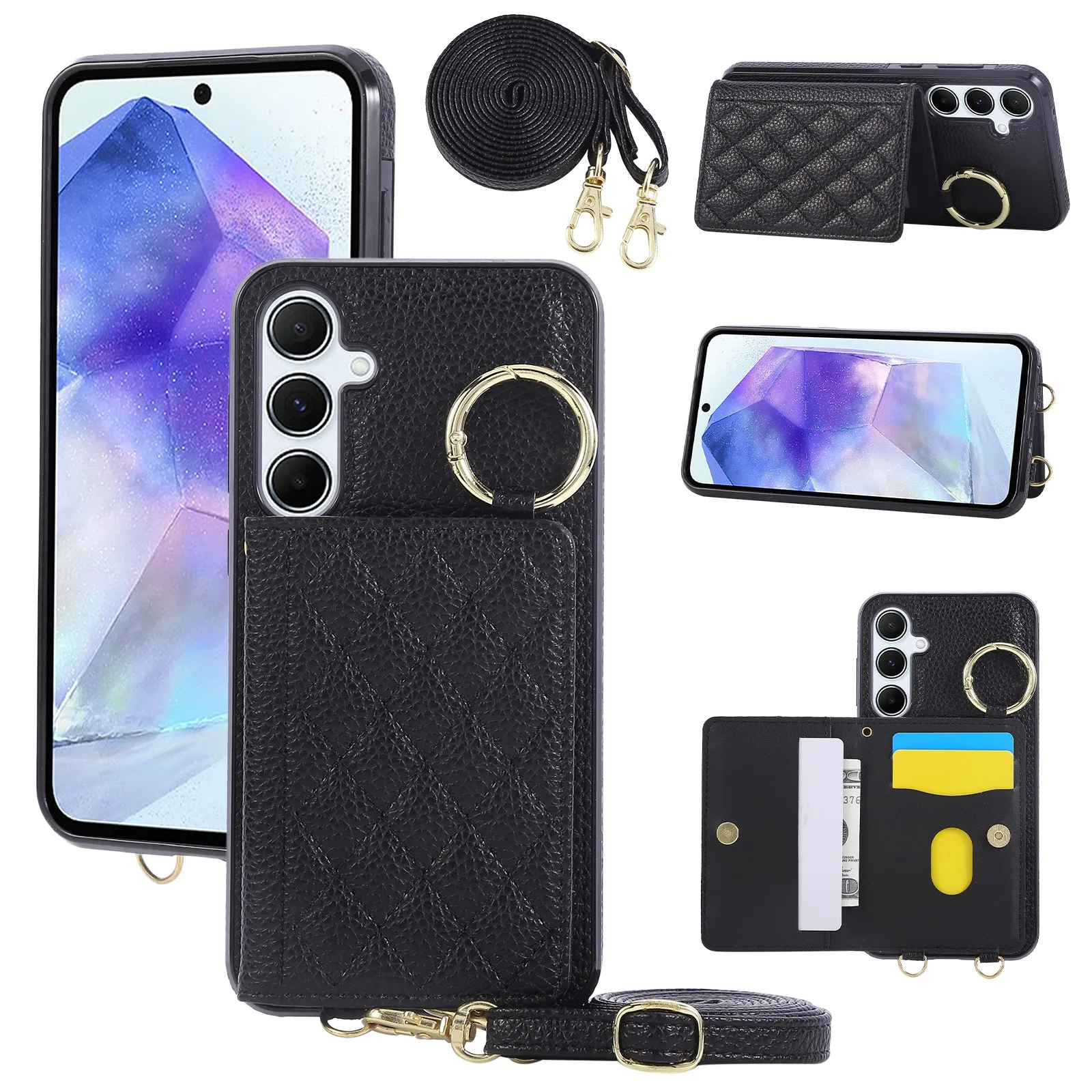 Quilted PU Leather Phone Case Ring Holder For Samsung Galaxy A57 A56 A55 A54 A37 A36 A35 A27 A26 A25 A17 A16 A15 A07 A06 5G 4G