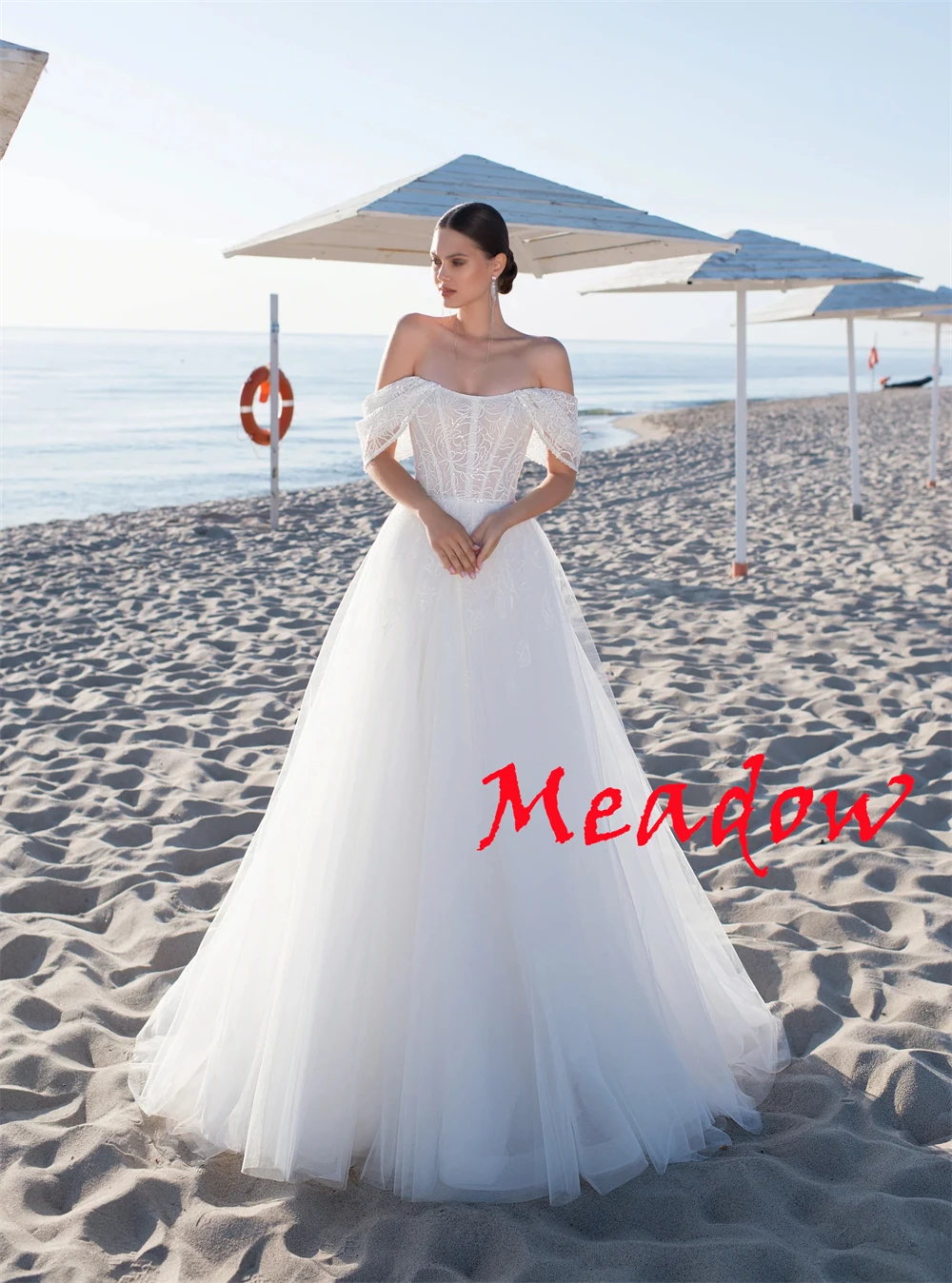 Vestido de novia de Organza blanco exquisito personalizado, vestidos de novia de cola de capilla de manga corta sin tirantes de alta calidad con hombros descubiertos