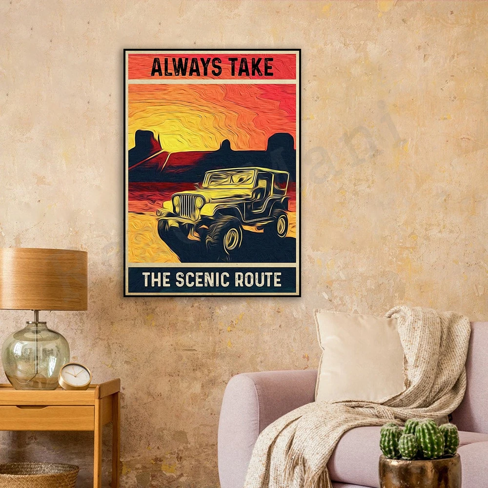 Always take the scenic route poster, retro jeep poster, vintage car poster, car enthusiast poster, motor vehicle poster