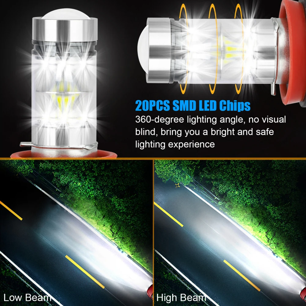 

2pcs H8 H11 H16 Led Driving Light Bulbs High-Power 360-degree Beam Angle 200w 6000k Waterproof Fog Lamp Bulb