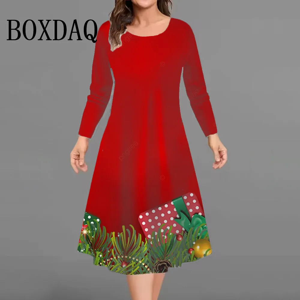 2025 Winter Christmas Party Dress Autumn Women Long Sleeve A-Line Dresses Women Christmas Snowflakes Casual Plus Size Dress 9XL