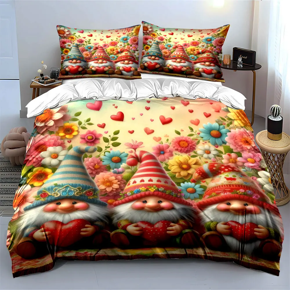 Adorable dwarfs holding hearts with a floral romantic backdrop Print Duvet Cover Bedding Set Included 1Duvet Cover 2Pillowcases