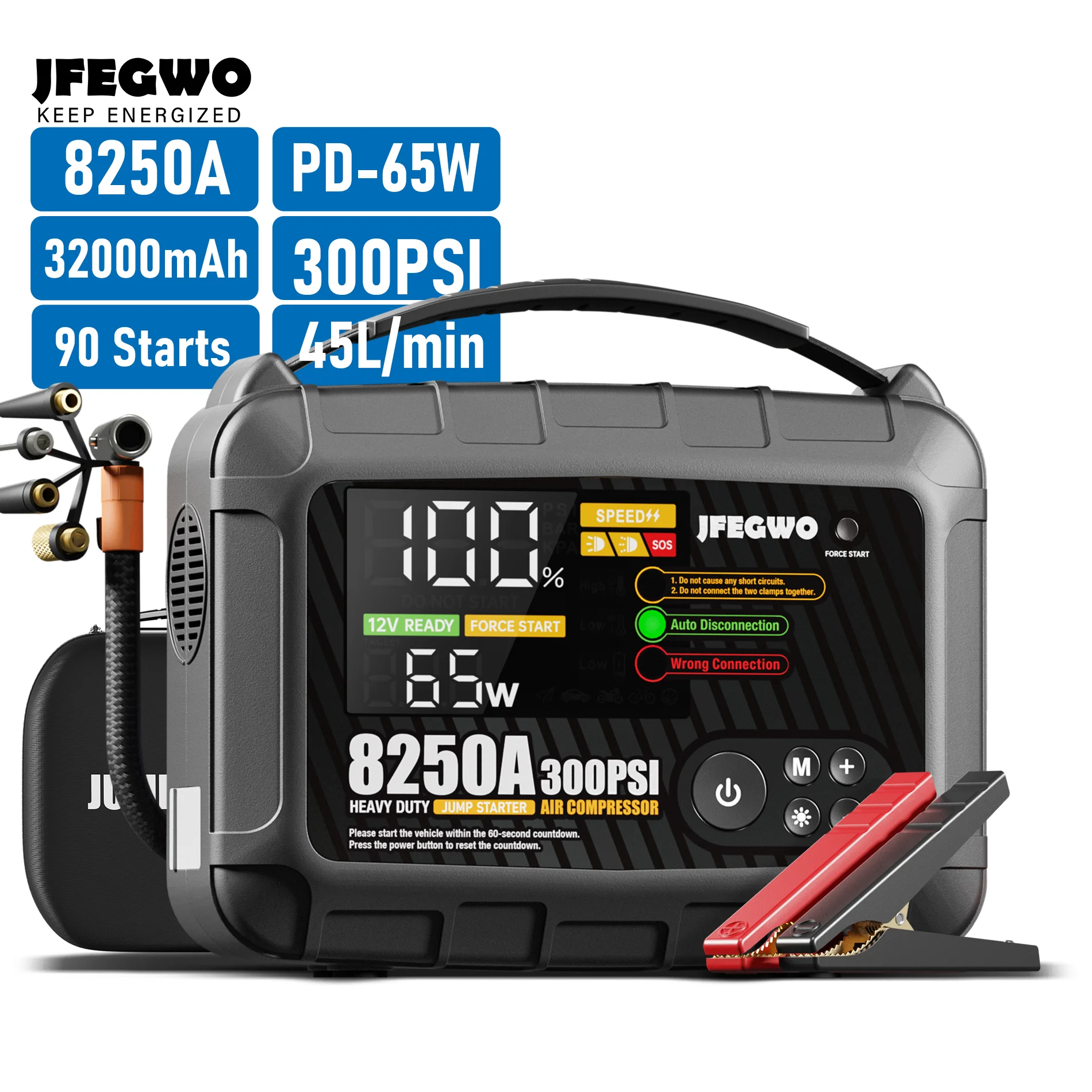 Factory Wholesales Jump Starter 8250A 12-volt 32000mAh Jump Starter with Air Compressor 300PSI Tire Inflato