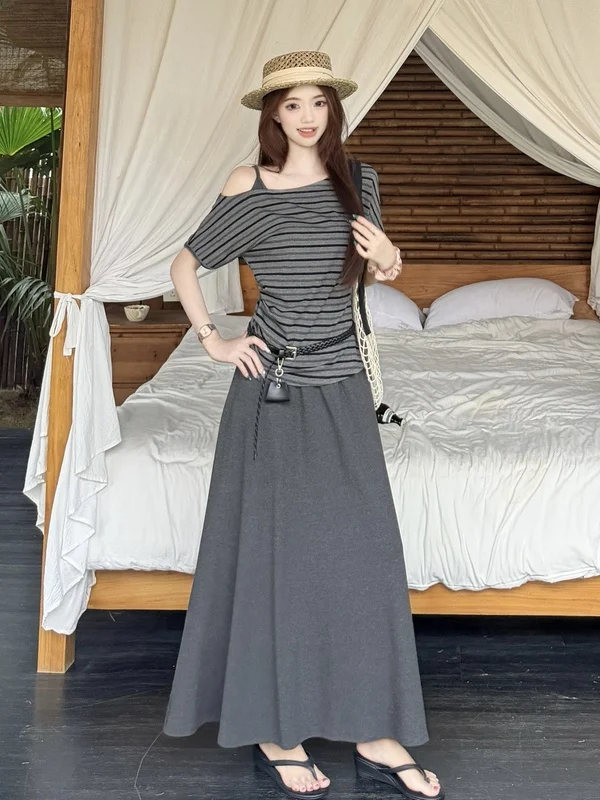 

plus Size Casual Striped Shoulder Bared Short Sleeve Top High Waist a Line Skirt Summer Fashion Set Women's Clothing