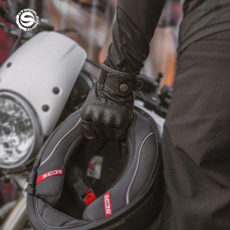 STAR FIELD KNIGHT SKG-566 Summer Motorcycle Half Finger Gloves Men Breathable Goatskin Cowhide Retro Riding Gear Black White view 4