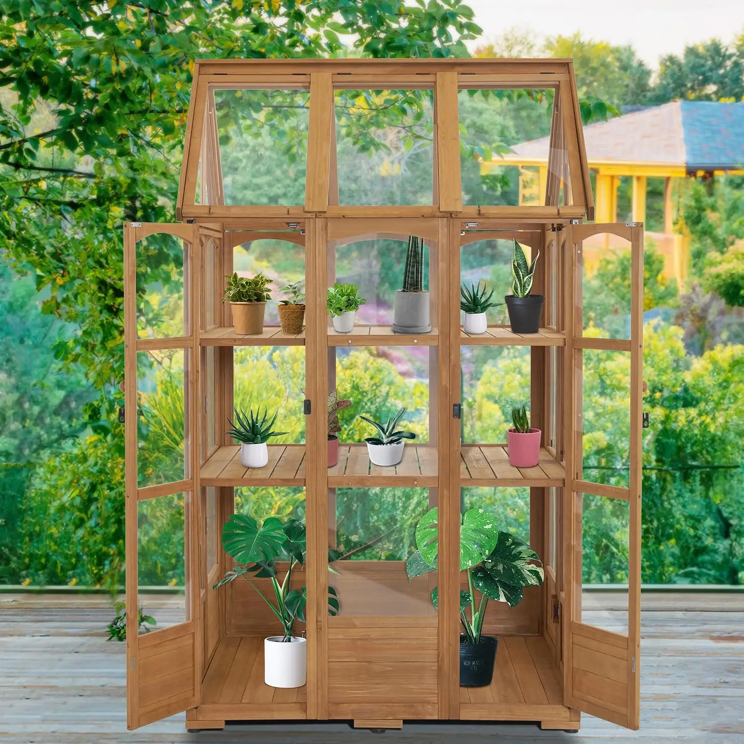 Wooden Greenhouse with Roof Vent & Lockable Doors, 0851 (Natural), Customized