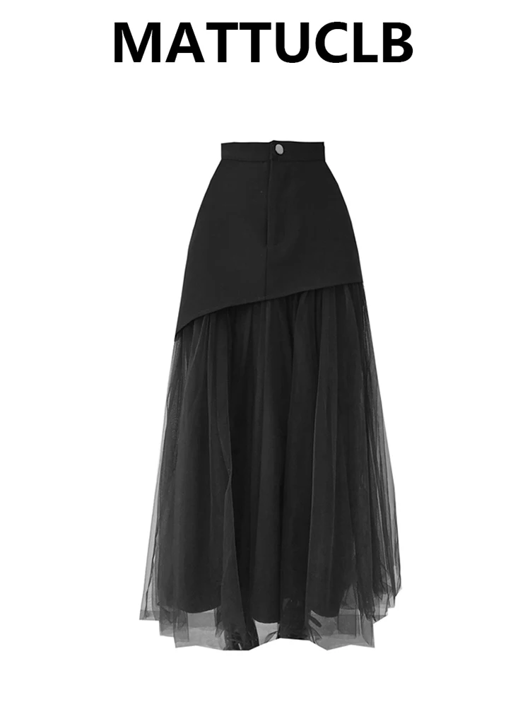 Women High Street Mesh Patchwork Midi Skirt Gothic Party Design Korean Fashion Harajuku Japanese A-line Dark Academia Tide New