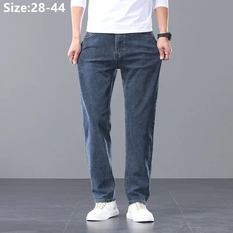 

Summer Denim Trousers Men Plus Size 42 44 Straight Stretched Elastic Cotton Jeans Male Thin Classic Blue Loose Comfortable Pants