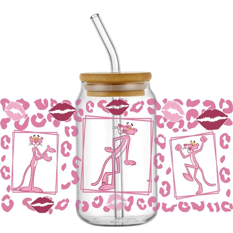 

Miniso Pink Naughty Panther pattern For The 16oz Libbey Glasses Wraps Cup Can DIY Waterproof Easy To Use Custom Decals