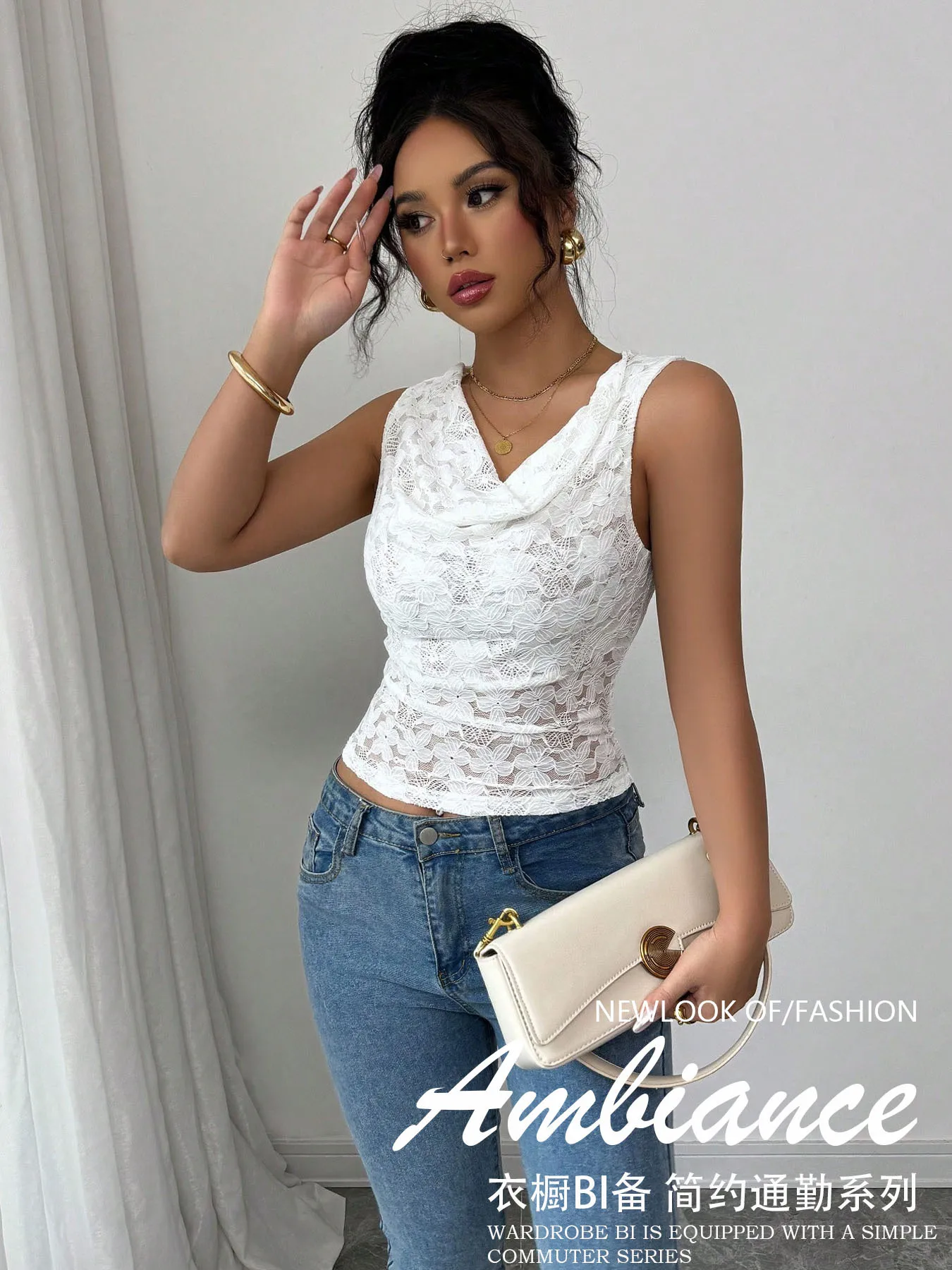 

Сексуальный кружевной топ без рукавов с v-образным вырезом, однотонный, облегающий, элегантный, модный, шикарный, модный, универсальный, стильный для женщин