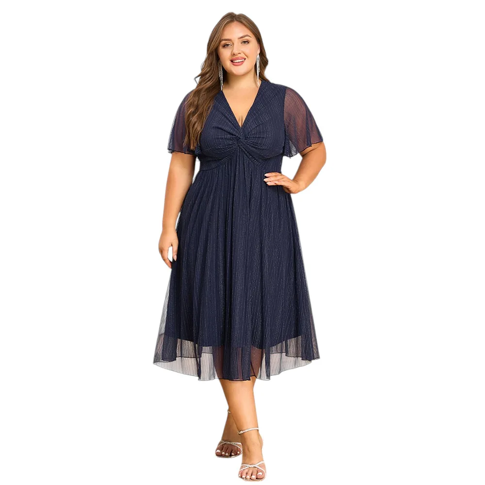 

Elegant V-neck Ruched Shining Tea Length Plus Size Formal Party Dress With Short Sleeves Navy Blue