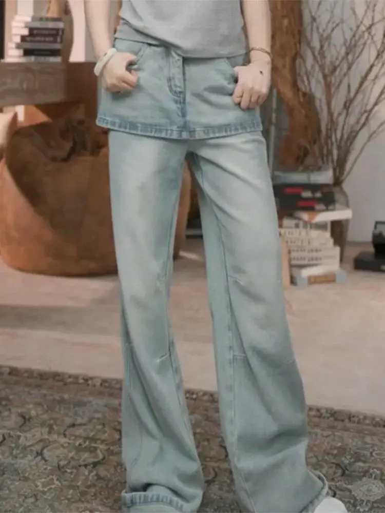 

High Waist Wide Leg Straight Cut Jeans Women's Spring 2026 Casual Vintage Style Floor Length Pants with Skirt Hem