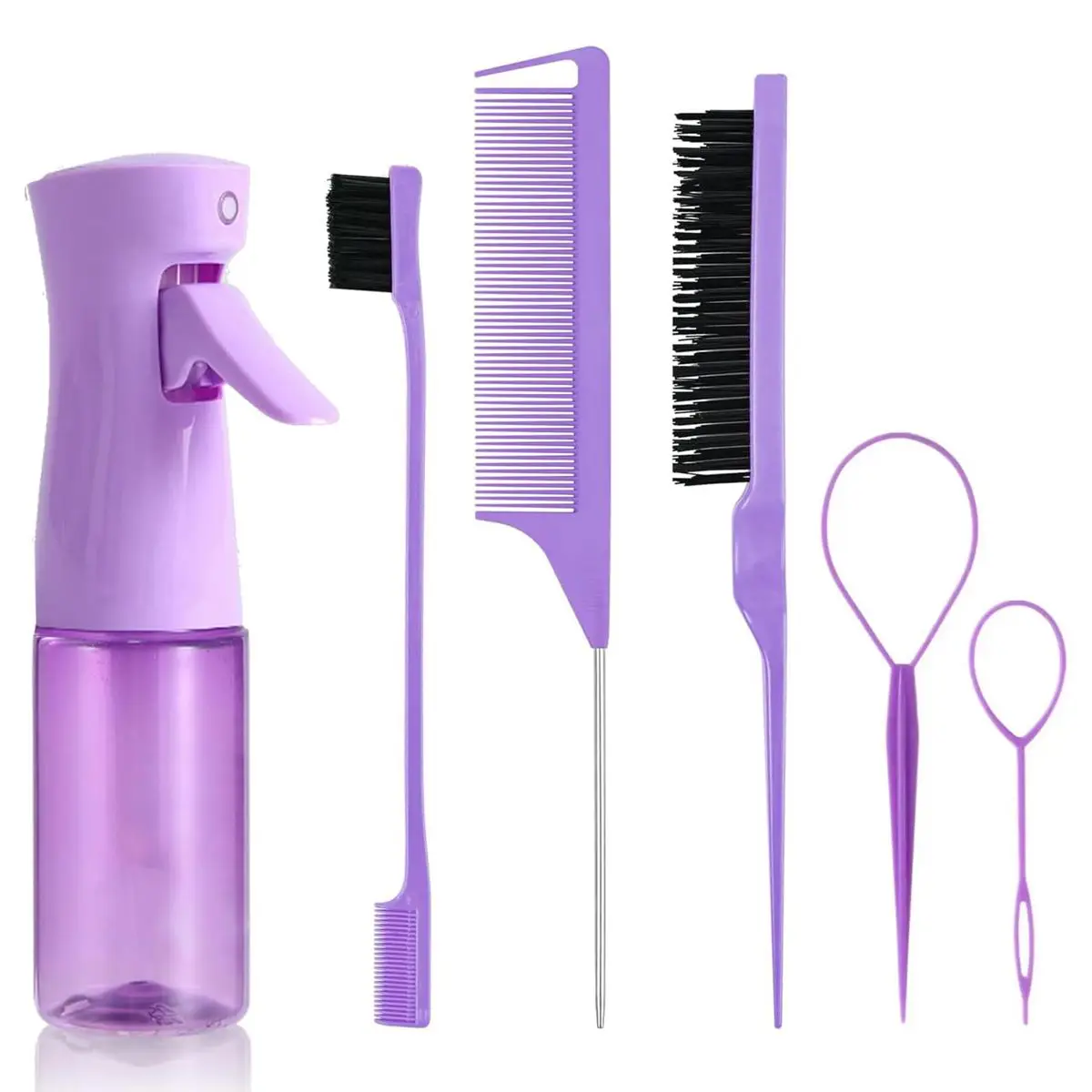 6 Piece Women Hair Braiding Tool Set with Continuous Spray Bottle Rat Tail Comb Edge Brush for Detangling Smoothing Pink