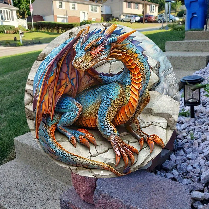 Weather-Resistant Aluminum Dragon Metal Art Sign, Vivid HD Print, Pre-Drilled Circular Dragon Wall Decor for Home and Garden