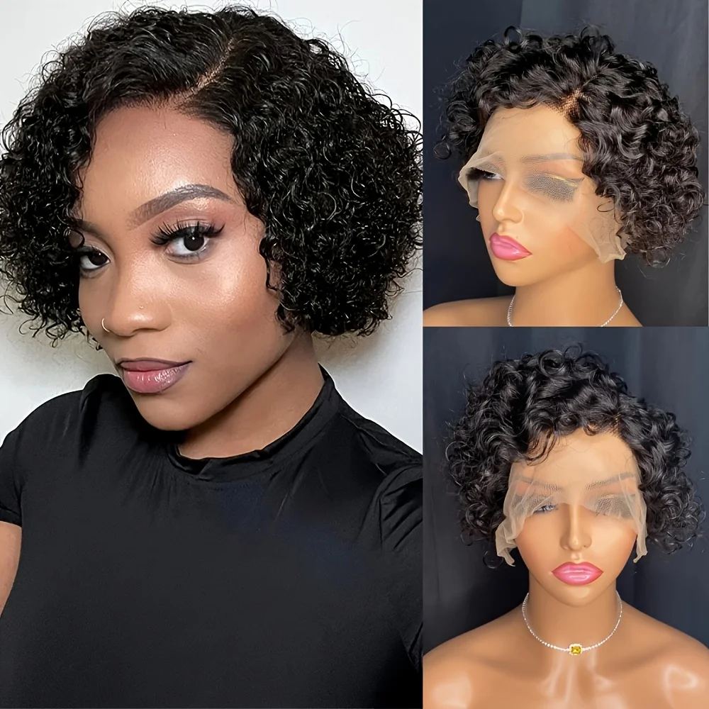 Short Curly 13x1 Lace Curly Pixie Cut Wig 180% Density Human Hair Lace Front Bob Wigs for Women Natural Color Pre Plucked 6 Inch view 2