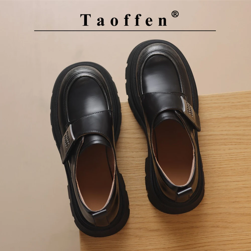 

Taoffen Casual Women's Loafers Genuine Leather Square Heel Metal Decoration Gradient Color Pumps Round Toe Slip-On Office Shoes