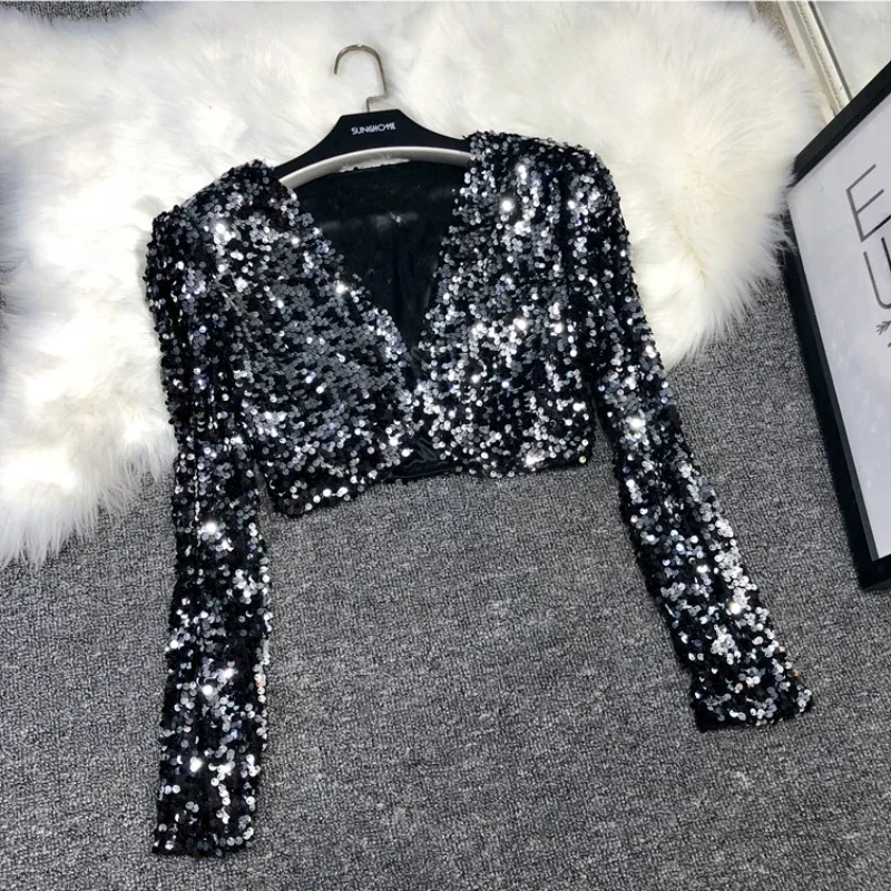 Sequins Patch Jacket Women Spring Long Sleeve Gold Silver Shiny Crop Top Dance Party Korean Slim Open Stitch Female