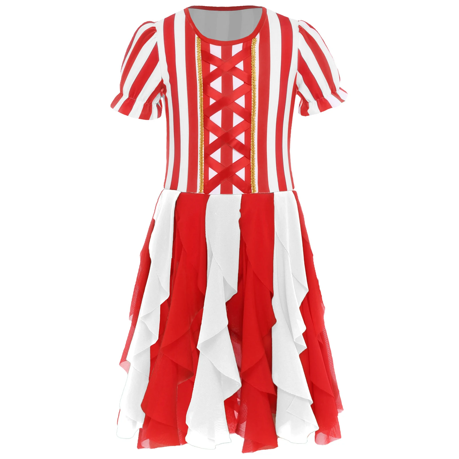 

Kids Girls Candy Cane Dress Round Neck Puffy Sleeve Golden Webbing Christmas Ballet Dance Dress for Xmas Themed Parties