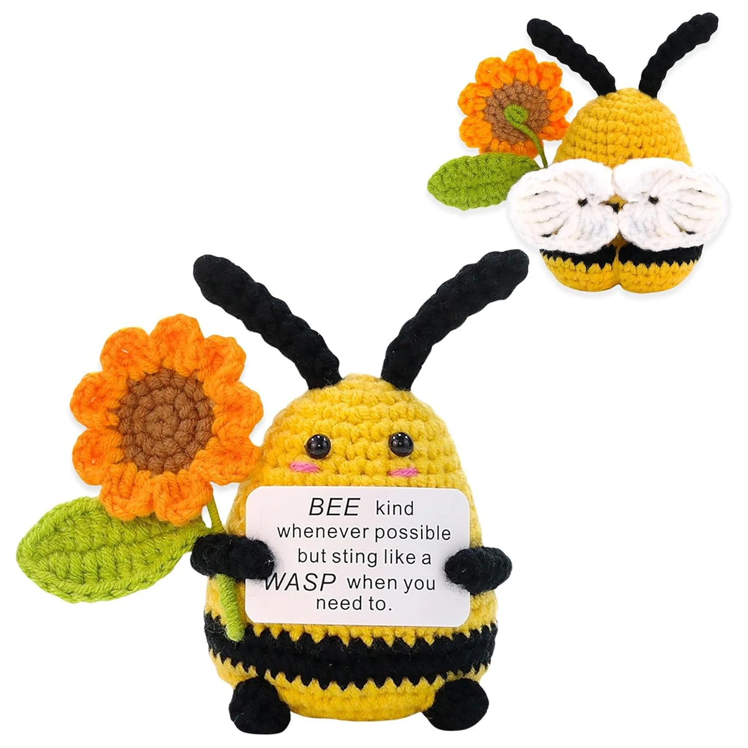 Mini Funny Knitted Positive Penguin with Card, Shark and Bees Ducks Decorative Ornaments, Creative Cute Crochet Doll Cheerleaders