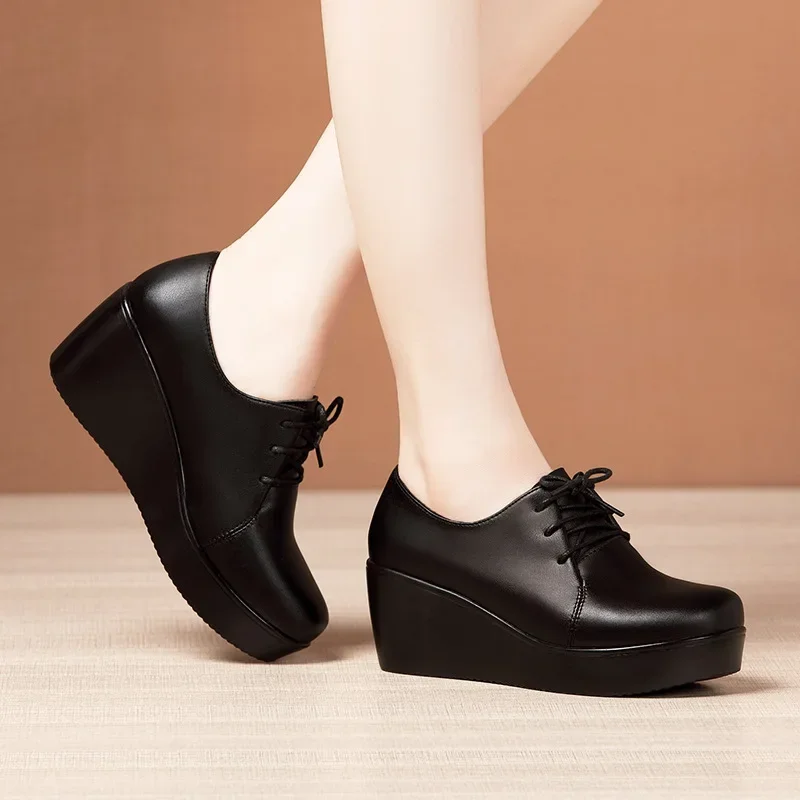 6cm Small Size 32-43 Deep Mouth Platform Pumps Women Oxfords Leather Fall 2024 Med Heels Wedges Shoes for Office Mom Dance Work