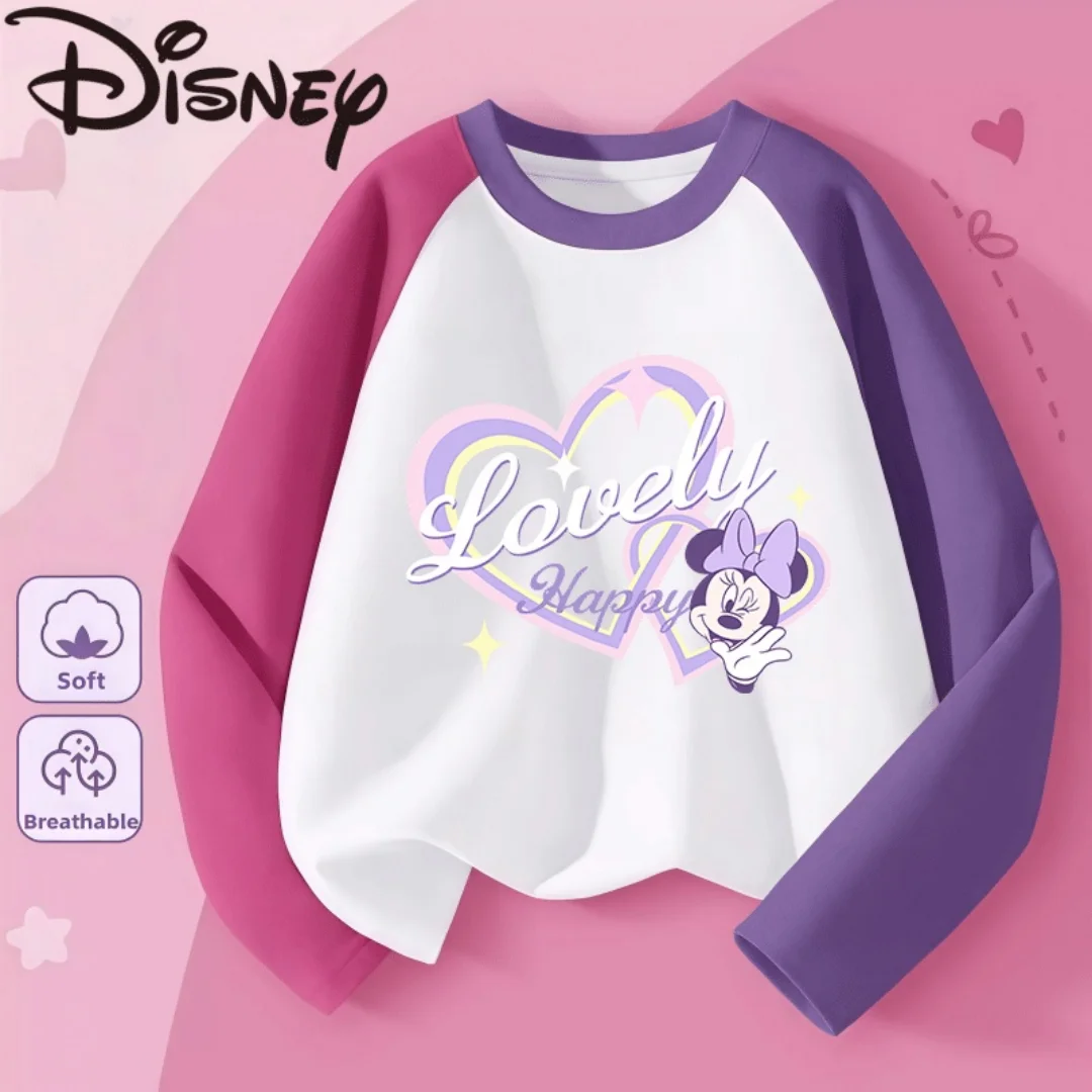 

Детская футболка с круглым вырезом и цветными блоками Disney, хлопковая мягкая удобная толстовка, пуловер с милым принтом Минни для девочек, дышащая футболка