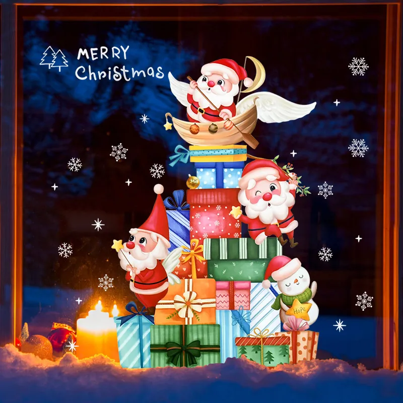 Cartoon Christmas Window Sticker Noel Glass Wall Decor Xmas Tree Static Electricity Sticker Wreath Santa Merry Christmas