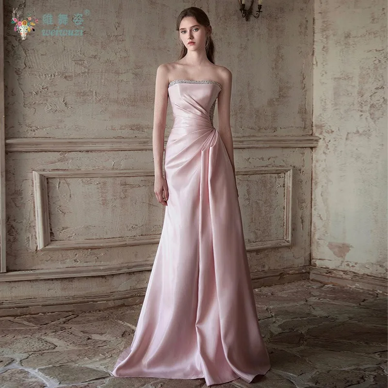 

French Style Elegant Light Pink Satin Quinceanera Dresses Strapless Rhinestone Decoration A-Line Bridal's Engagement Dress