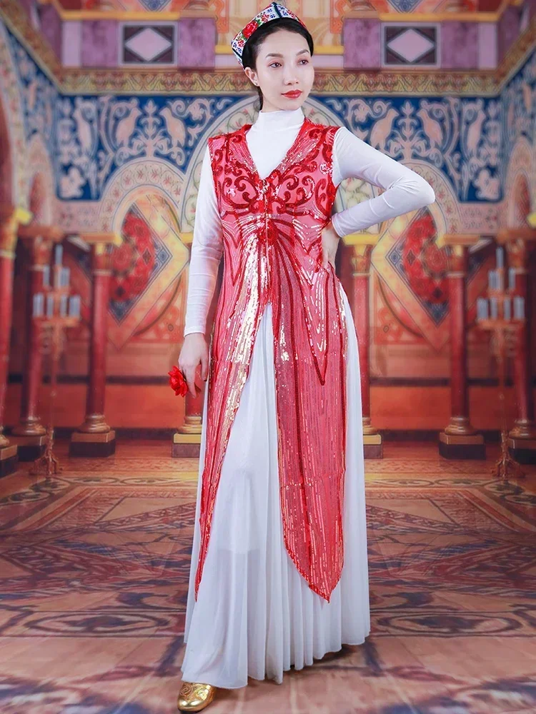 Xinjiang Uyghur Spring and Autumn Slim-fit sequins Female long black vest dance stage performance costume 1 piece