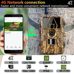 4G LTE Hunting Trail Camera 60MP HD 8K APP Control Night Vision Photo Trap with SIM card Cellular Mobile Wireless Wildlife Cam