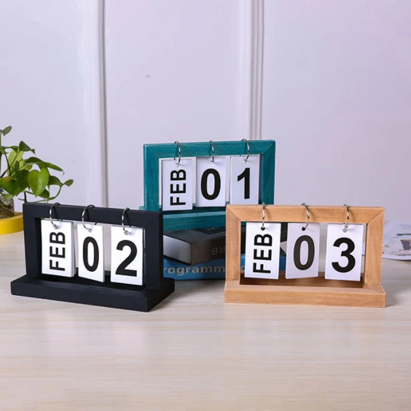 1PC Wooden Vintage Calendar Cafe Desktop Decorative Rustic Ornaments DIY Flip Planner Table Perpetual Calendar Office Supplies