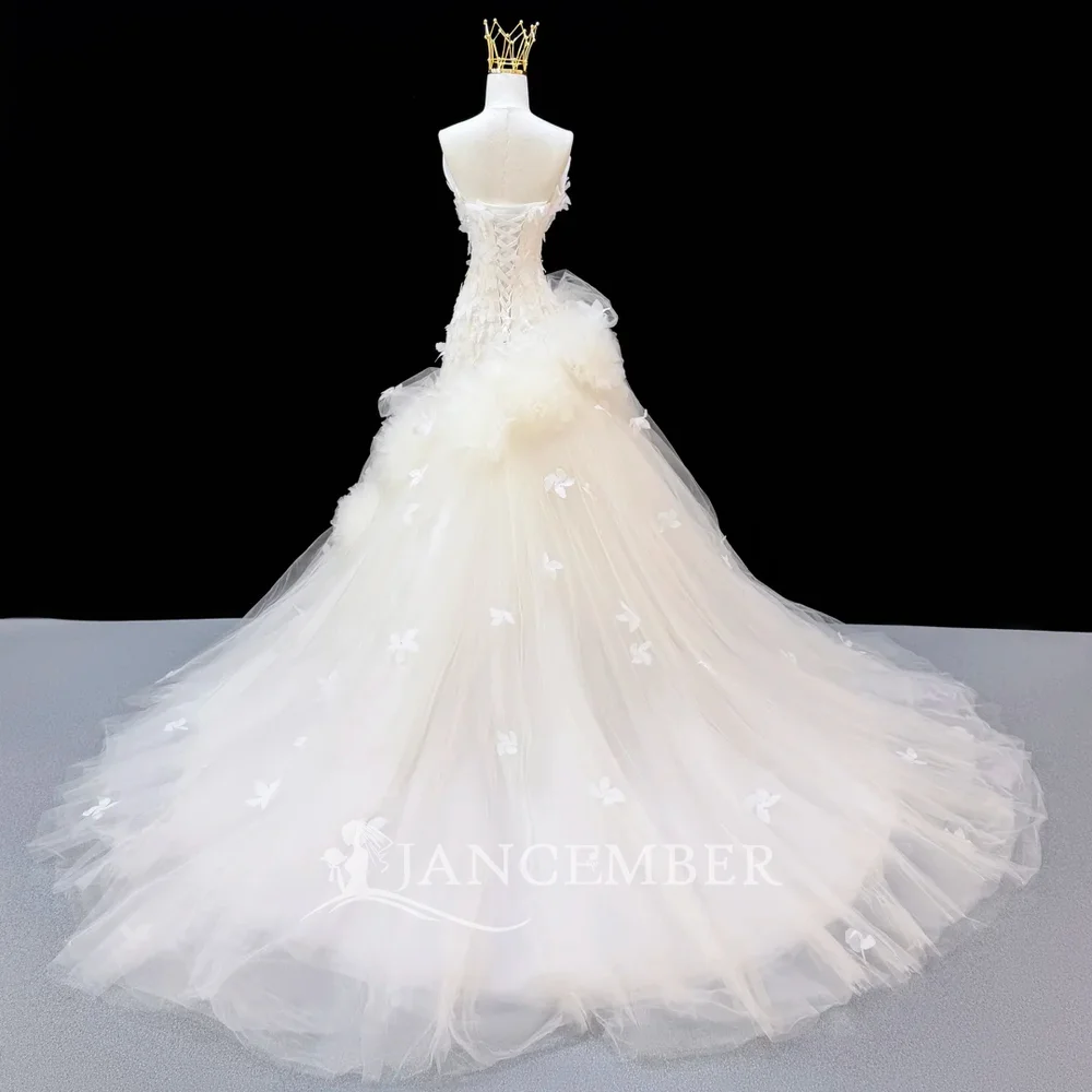 Exquisite Ivory Mermaid Customized Wedding Dress Sweep Train Strapless 3D Butterfly Tulle Train Lace Up Back robe de mariée