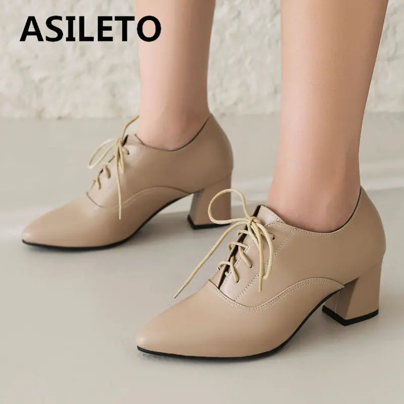 ASILETO Brand Office Ladies Pumps Pointed Toe Chunky High Heels 6cm Lace Up Large Size 42 43 Leisure Daily Female Single Shoes