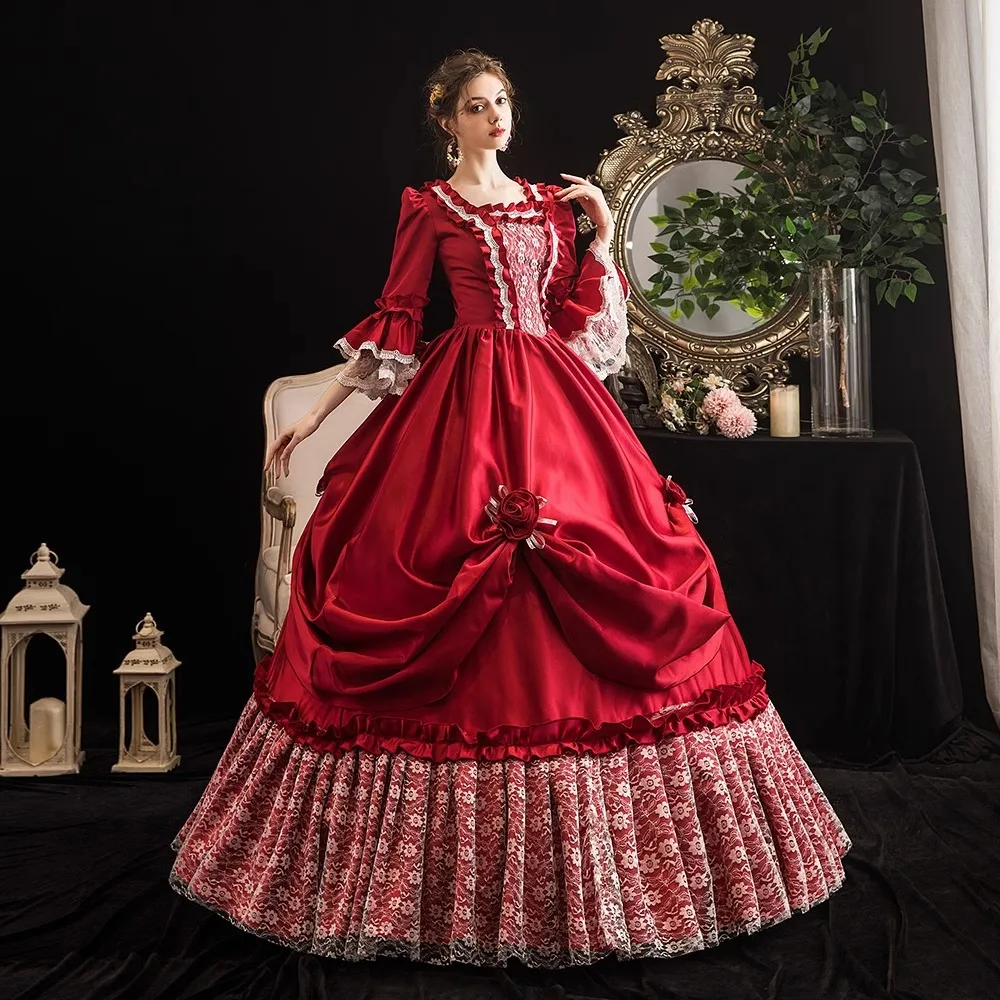 

Burgundy Flower Gorgeous French Dress European Court Studio Stage Drama Dance Performance Annual Meeting Robe De Cérémonie Femme