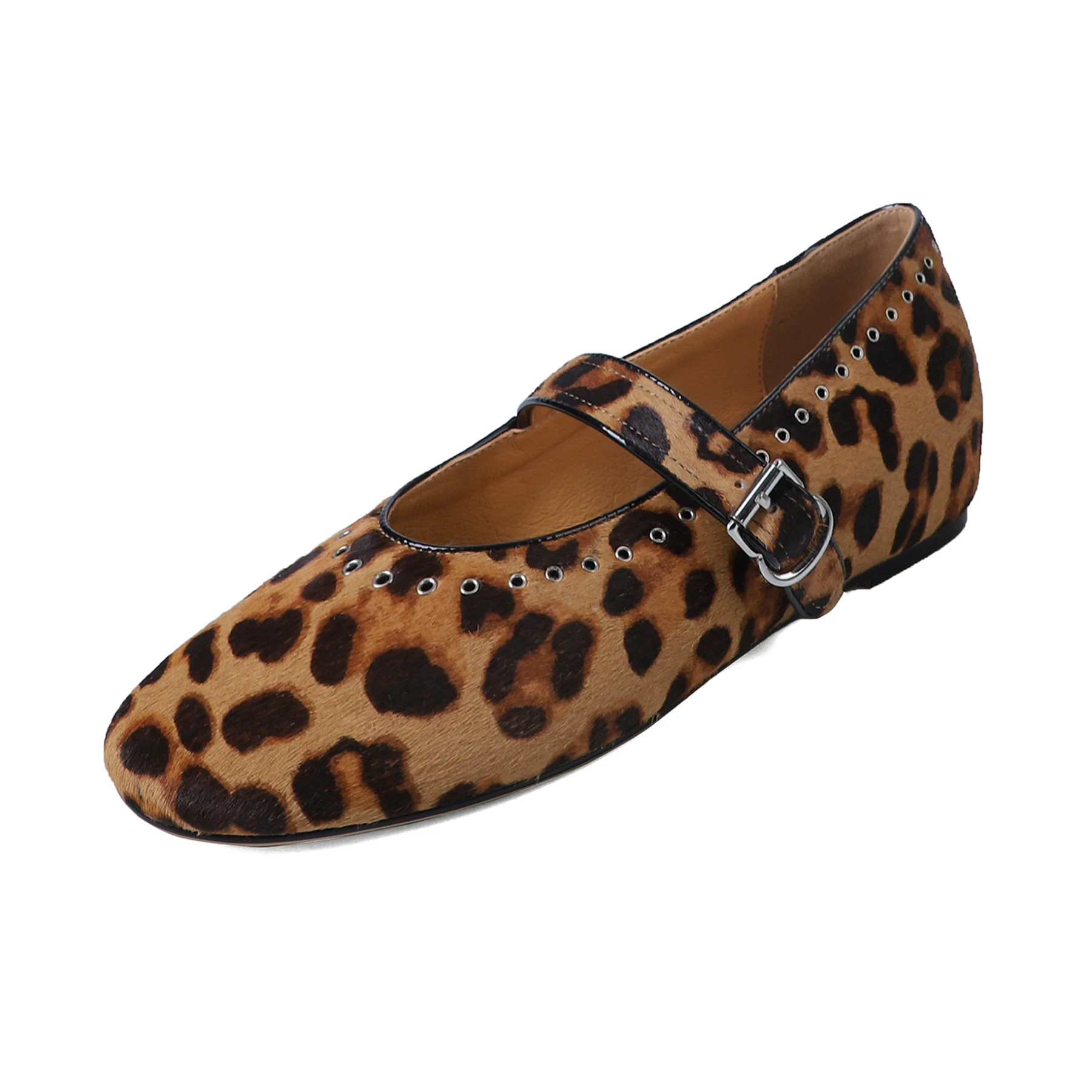Hot Sale Leopard Horsehair Autumn Spring Ballet Flats Round Toe Shallow Rivets Mary Janes Sexy Luxury Leisure Dating Women Shoes