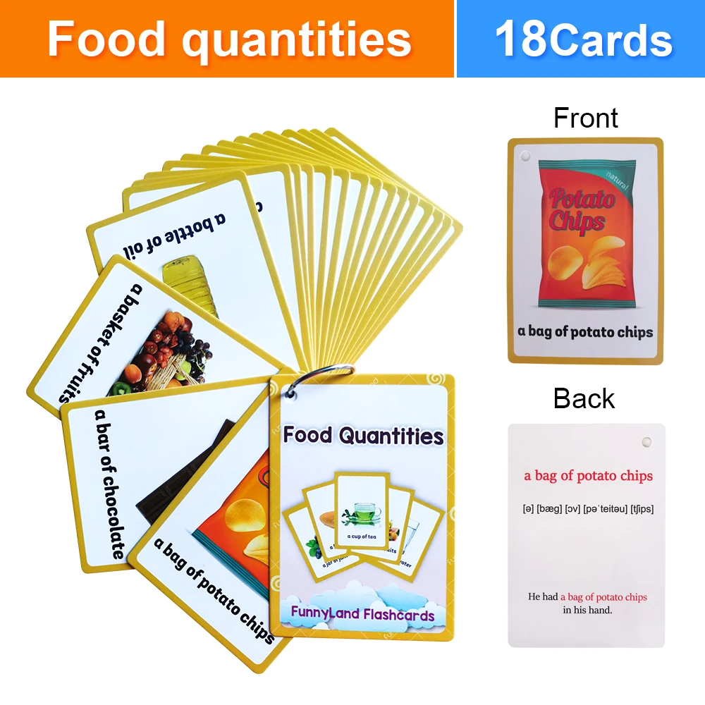 Food Quantities English Phrases Flash Cards for Kids Learning Common Food Items & Quantifiers Cognitive Cards Teacher Aids Tools