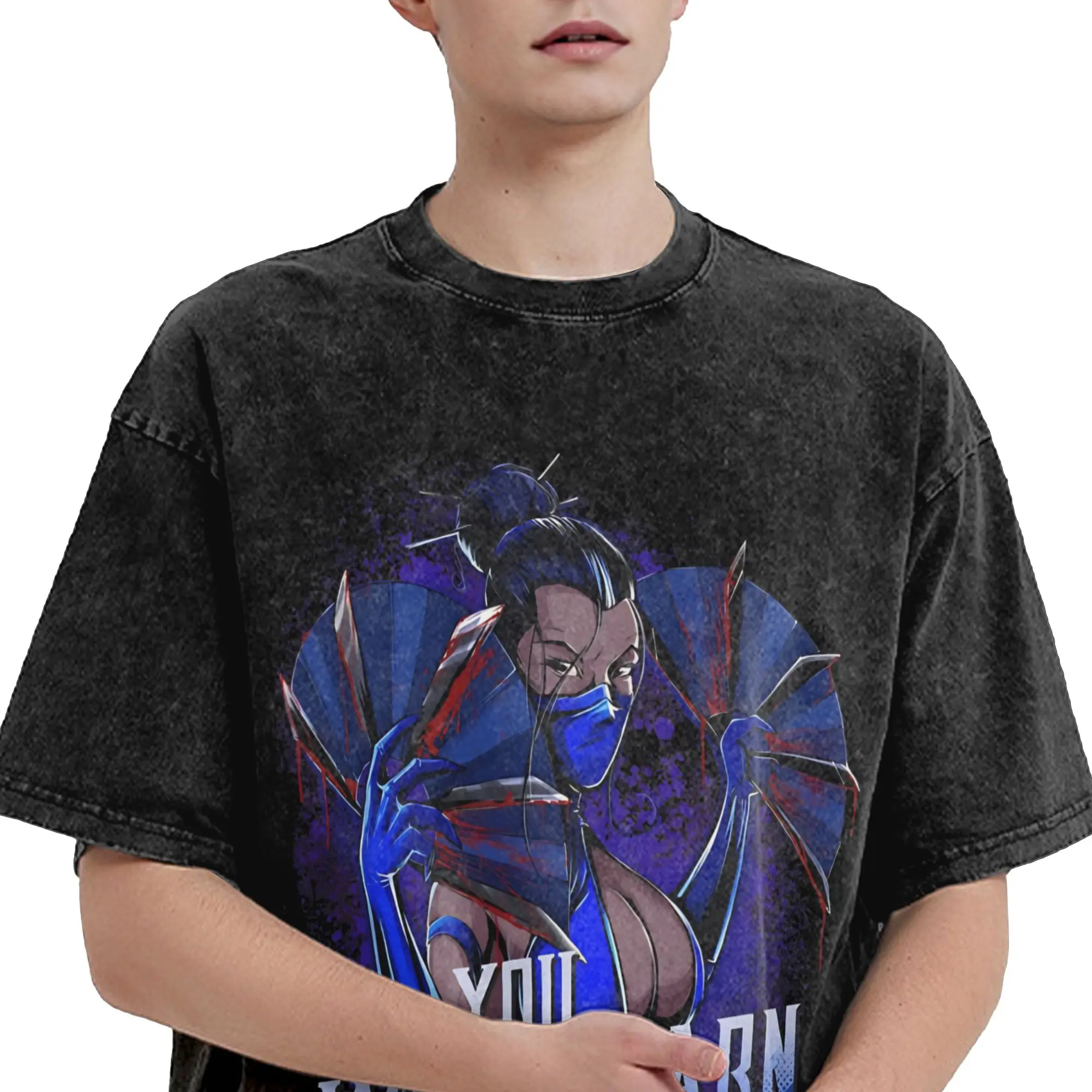 Kitana You Will Learn Respect Mortals Kombats Washed T Shirts Streetwear Hip Hop Vintage T-Shirts  Tee Shirt Men Women