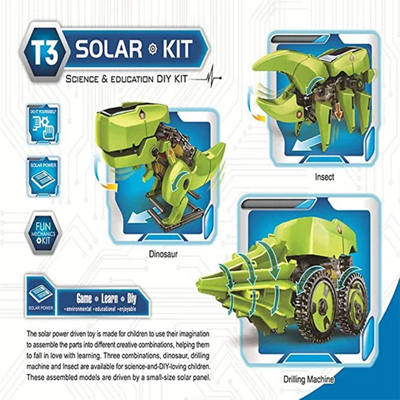 Kit de juguetes de Robot Solar 3 en 1, juegos de construcción, dinosaurio, Tiranosaurio Rex, escarabajo, aprendizaje científico, experimento