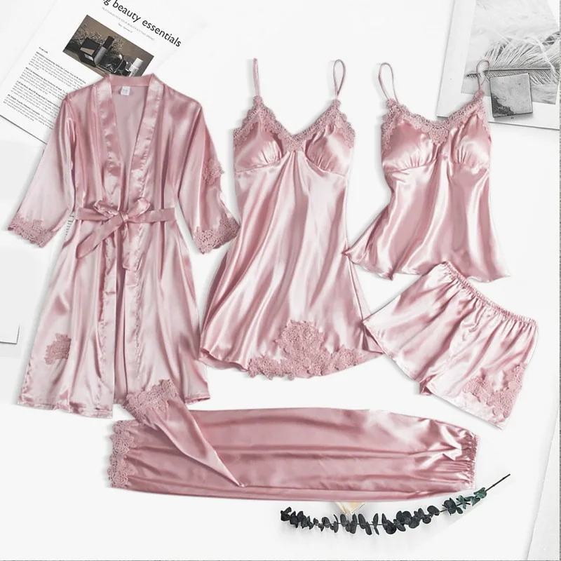 5pcs/Set Silk Robe Sleep Suit Women Lace Satin Pajamas Gown V Neck Dresses Nighties Wear Pijama Home Nightwear Summer Nightdress