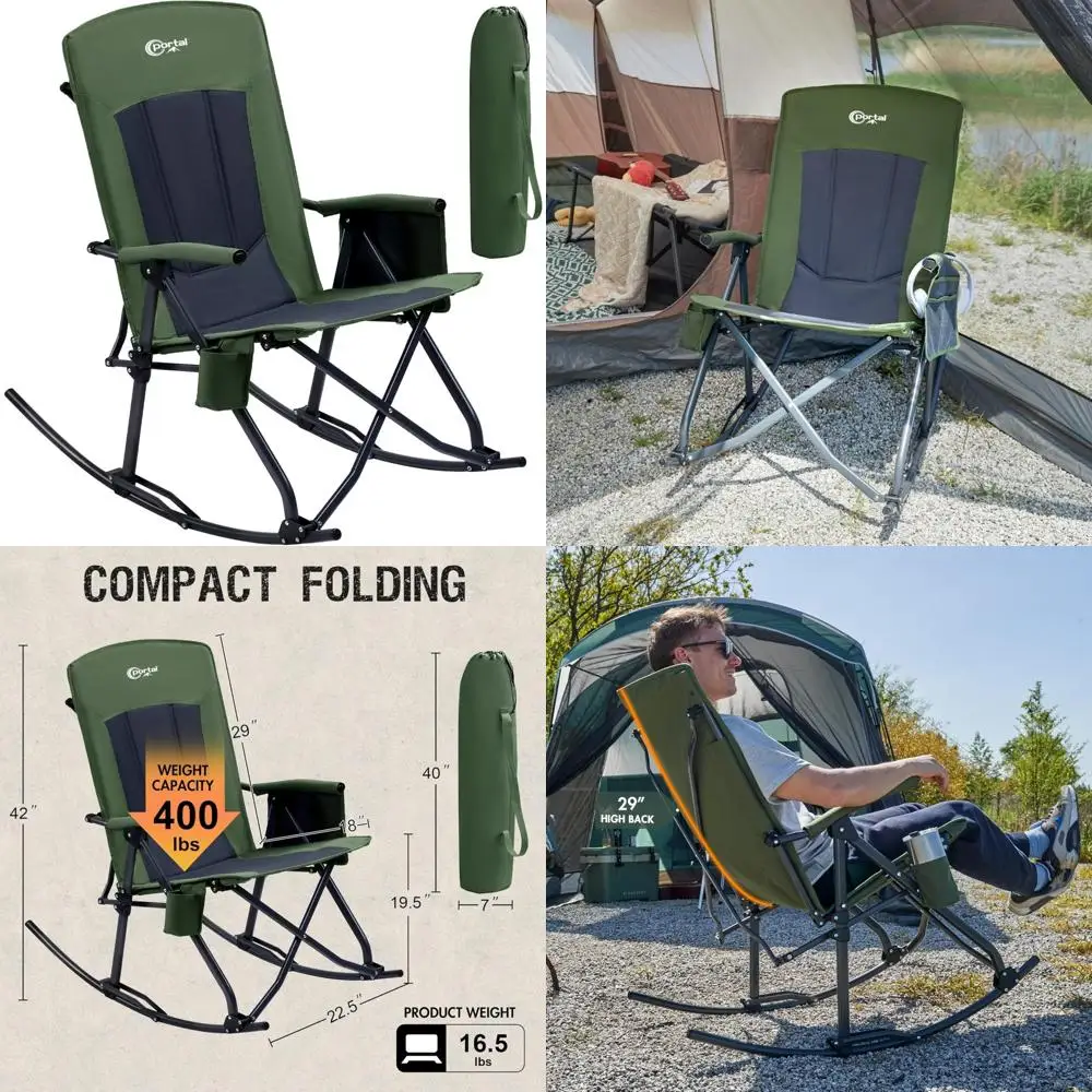 

Folding Rocking Camping Chair with High Back and Armrests, Portable Outdoor Rocker, Supports 400 lbs, Includes Carry Bag