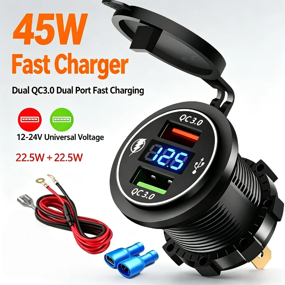 Carregador USB Duplo QC3.0 para Carro com Voltímetro LED, Tomada de Carregamento Rápido 12-24V para Veículos, Motocicletas, RVs e Barcos